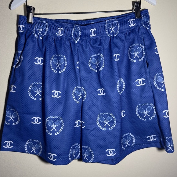 Bravest studio CHANEL Blue Athletic Shorts with Iconic Print DEADSTOCK Sz large